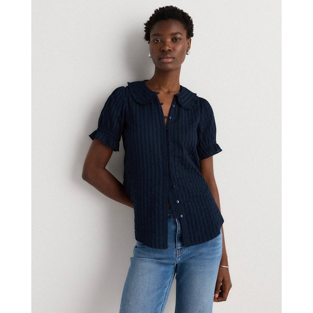 Quince Embroidered Cotton Ruffle Collar Short Sleeve Blouse Navy Blue Large NWT